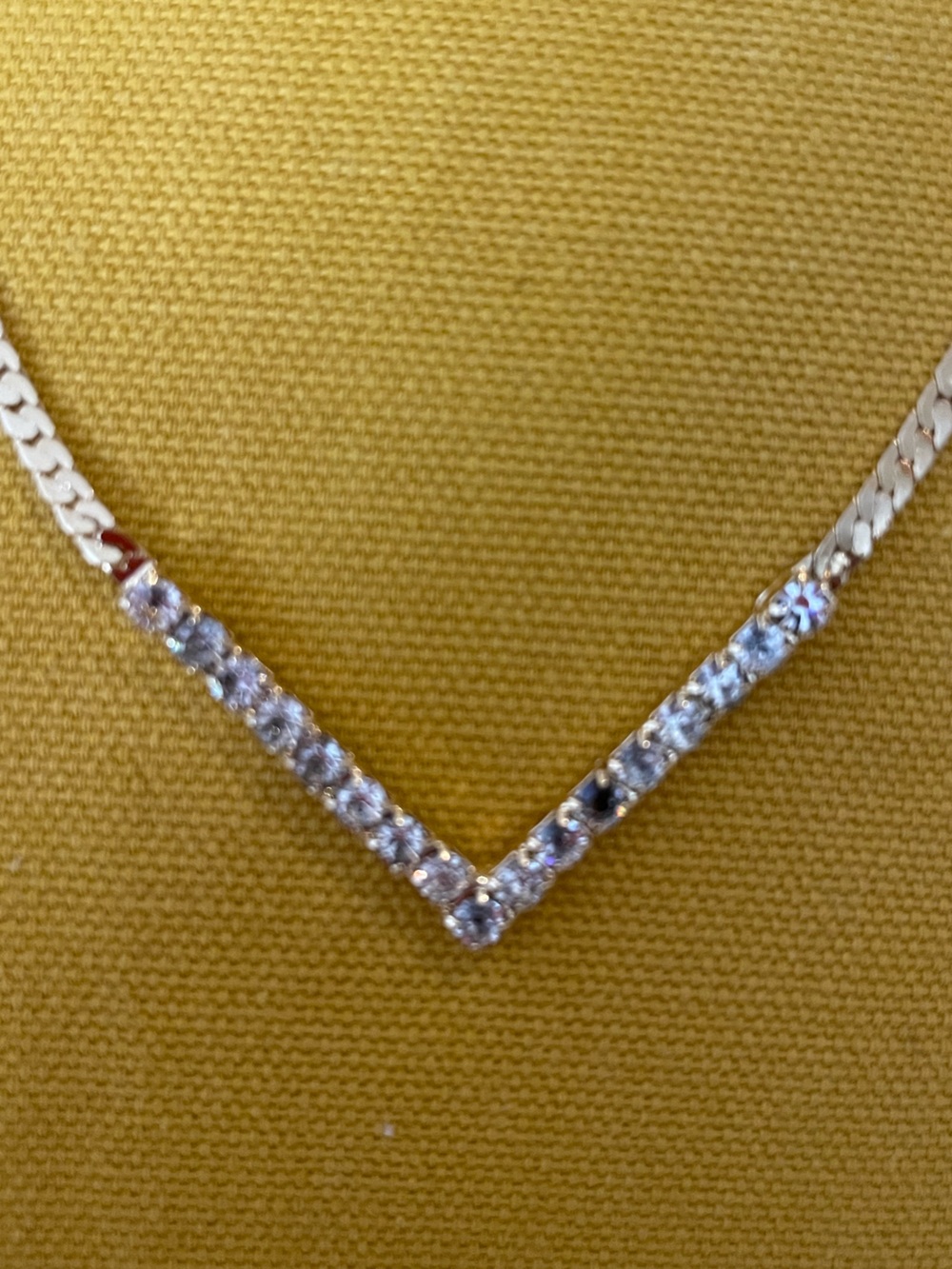 Vintage V-Shape Chevron Herringbone & Rhinestone Tennis Chain Collar Necklace